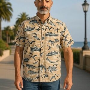 Kahala Men's Hawaiian Size XL Tan/Blue Nautical Shirt 100% Cotton Short Sleeve
